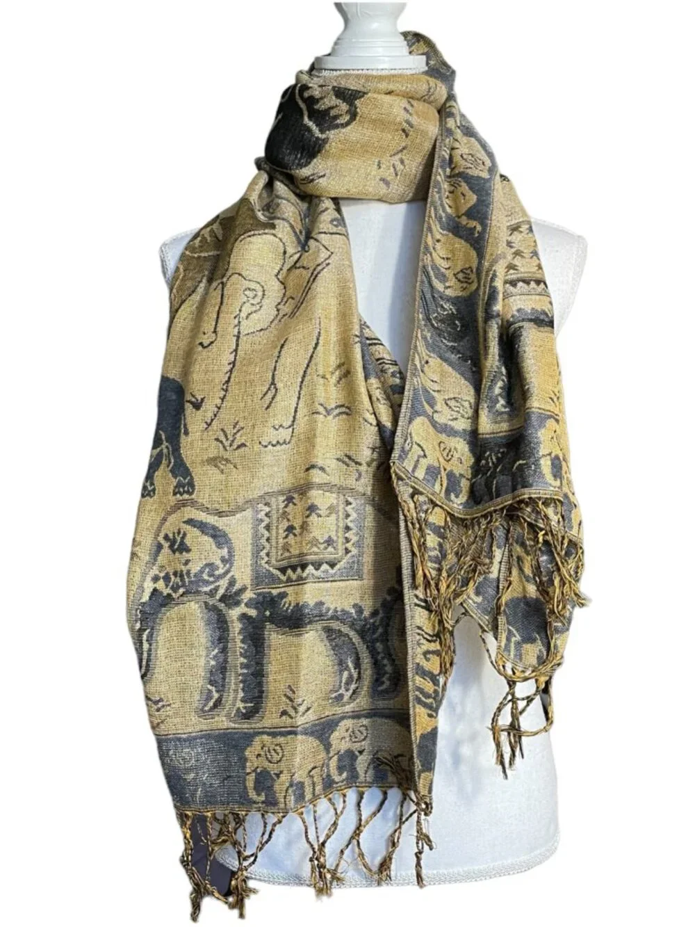 100% Pashmina Cashmere Elephant Scarf Tassel 66